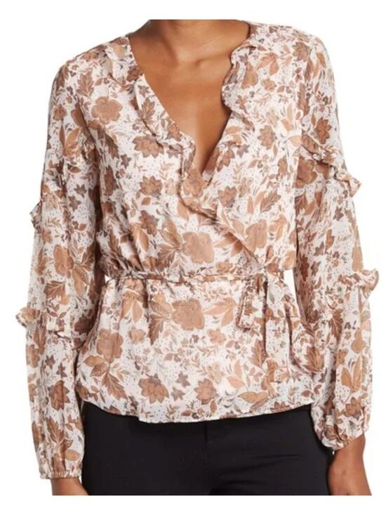 CeCe Tops - CeCe Cream Tan Fall Floral Leaves Ruffle Long Sleeve Tie Waist Wrap Top size L